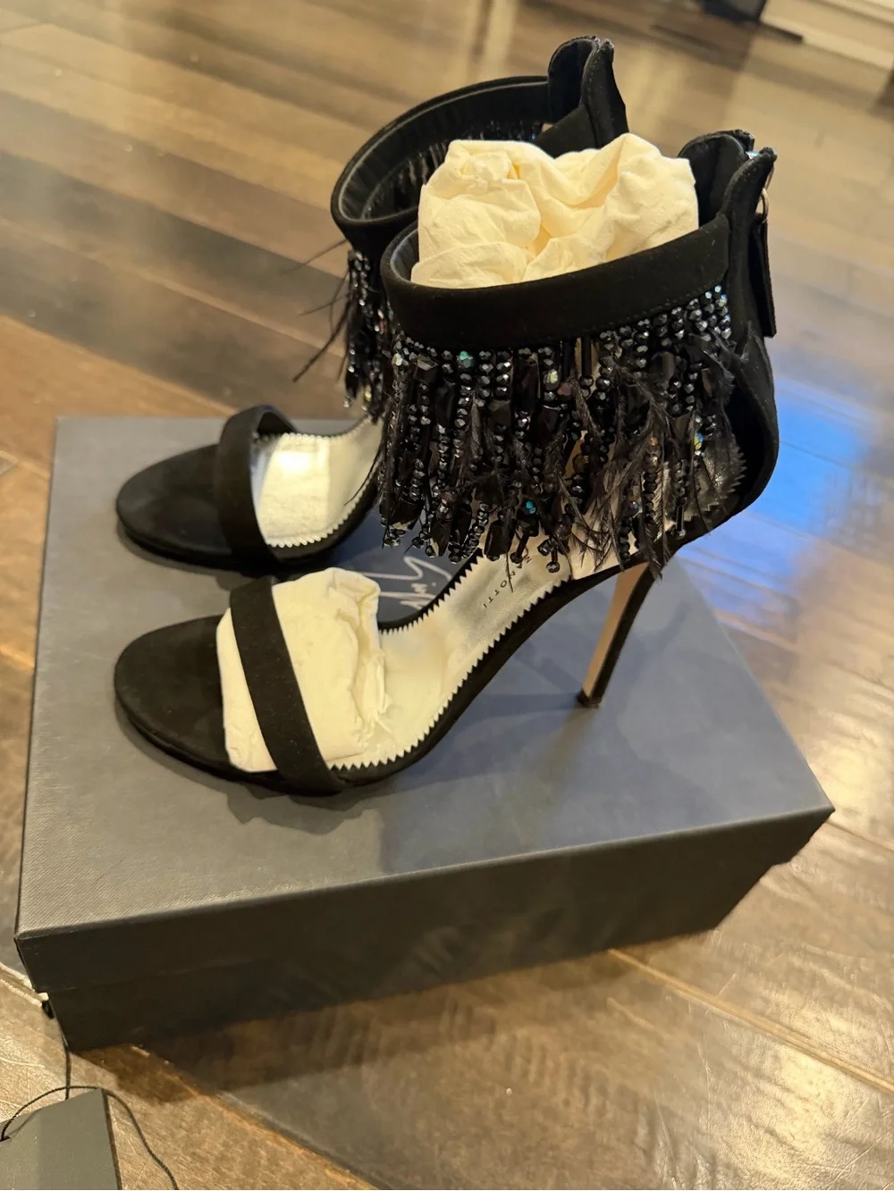 Giuseppe Zanotti Black Beaded Fringe Ankle-Strap Heels